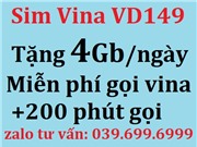 Sim Vina VD149. Miễn phí 1 năm sử dụng data, thoại